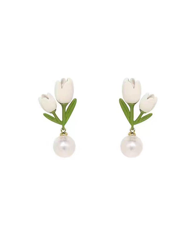 White Sterling Silver Alloy Pearl Tulip Stud Earrings
