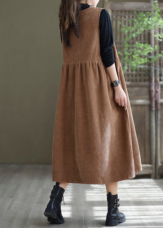 Loose Light Orange O-neck Patchwork Corduroy Party Dress Sleeveless Spring