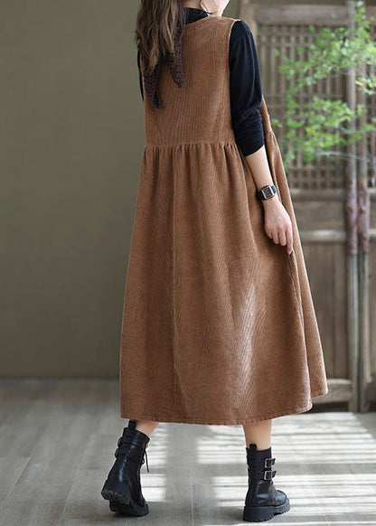Loose Light Orange O-neck Patchwork Corduroy Party Dress Sleeveless Spring
