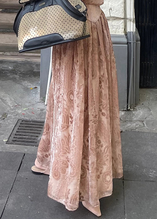 French Pink Turtleneck Print Silk Velour Long Dress Long Sleeve