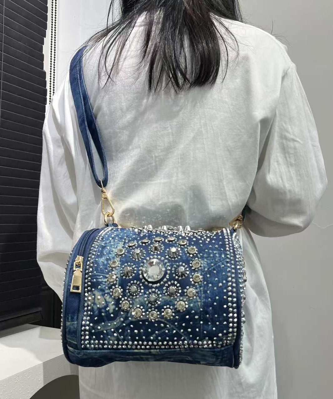 Blue Rivet Zircon Denim Tote Handbag