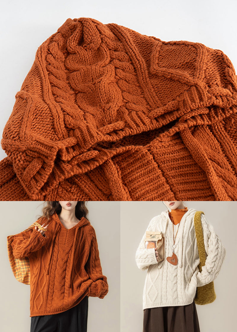 Orange Oversized Cable Knit Spring Top Hooded