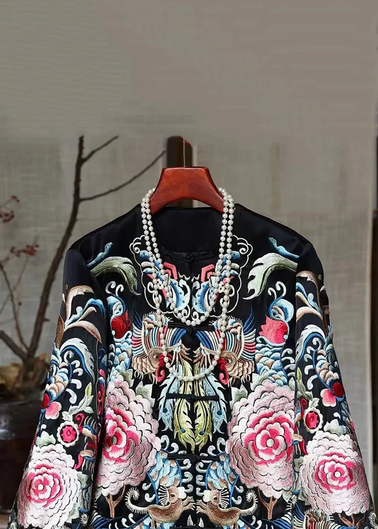 New Black Print Chinese Button Silk Coats Spring