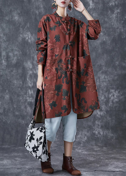 Dull Red Print Linen Chinese Style Shirt Dress Fall