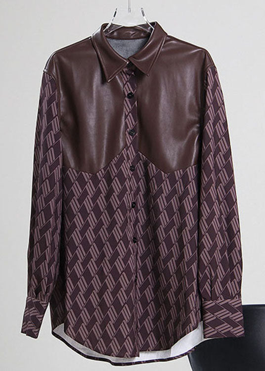 Loose Print Pu Patchwork Shirts Spring