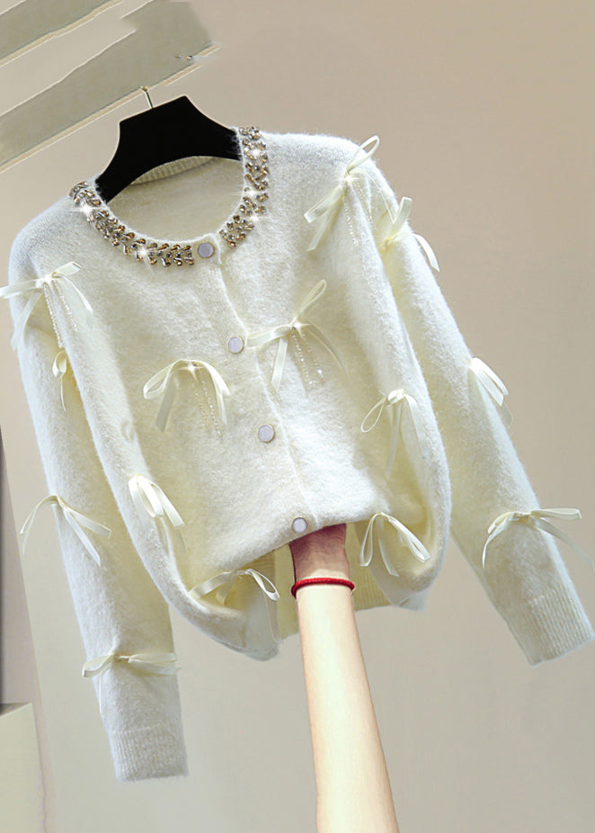 Italian Pink O-neck Zippered Bow Cotton Knit Sweaters Winter