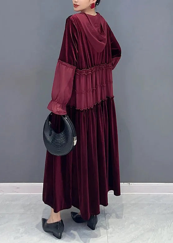 Wine Red Ruffled Lace Up Patchwork Velour Long Dresses Fall