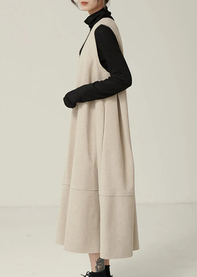 New Apricot V Neck Patchwork Woolen Waistcoat Long Dresses Sleeveless