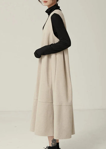 New Apricot V Neck Patchwork Woolen Waistcoat Long Dresses Sleeveless