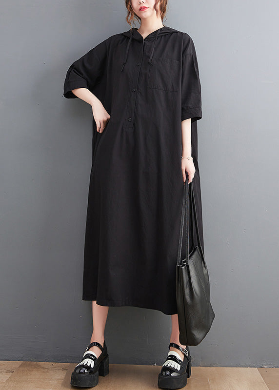 Green Button Neck Tie Cotton Hooded Long Dress Summer