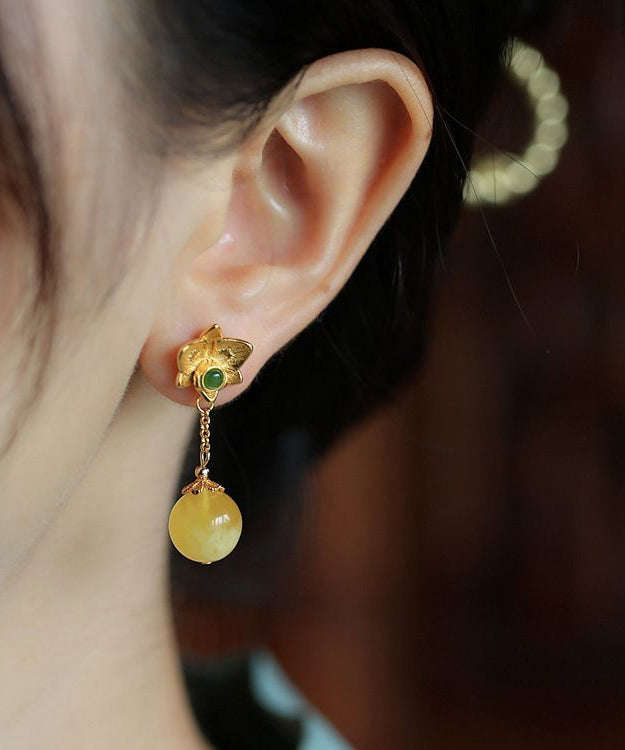 Fine Yellow Sterling Silver Overgild Beeswax Amber Crystal Drop Earrings