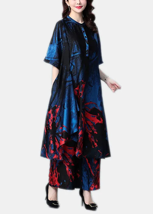 Blue Print Silk Dress and Wide Leg Pants Two Piece Set Outfits Stand Collar Button Summer
