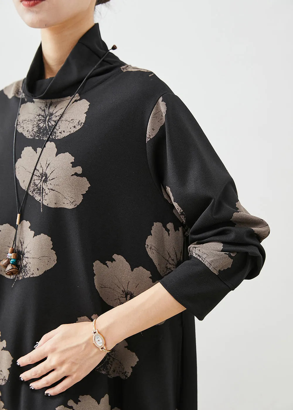 Black Turtle Neck Print Cotton Dresses Fall