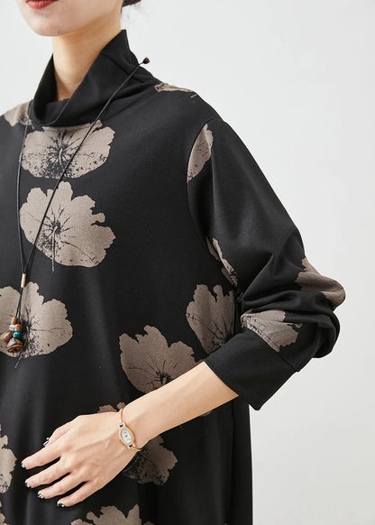Black Turtle Neck Print Cotton Dresses Fall