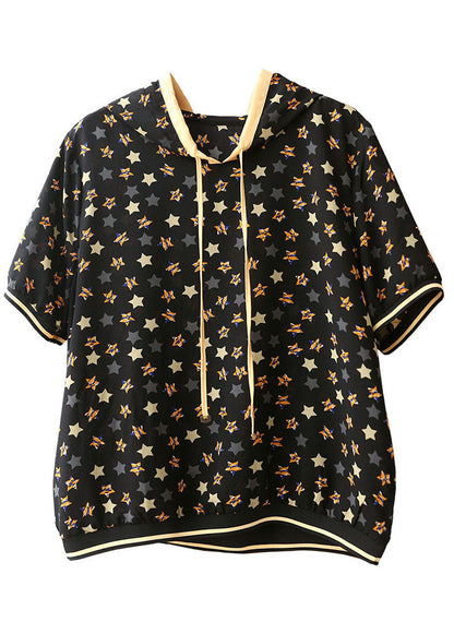 Black Drawstring Hooded Pentagram Print Silk Top Summer