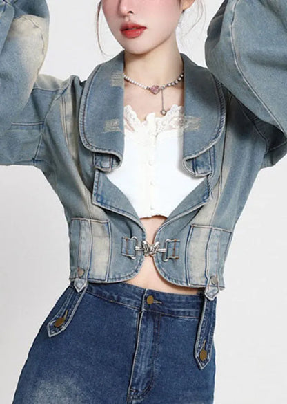 Blue Patchwork Denim Coats Lantern Sleeve
