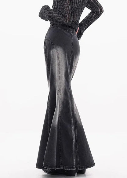 Black Pockets High Waist Denim Maxi Skirts Fall