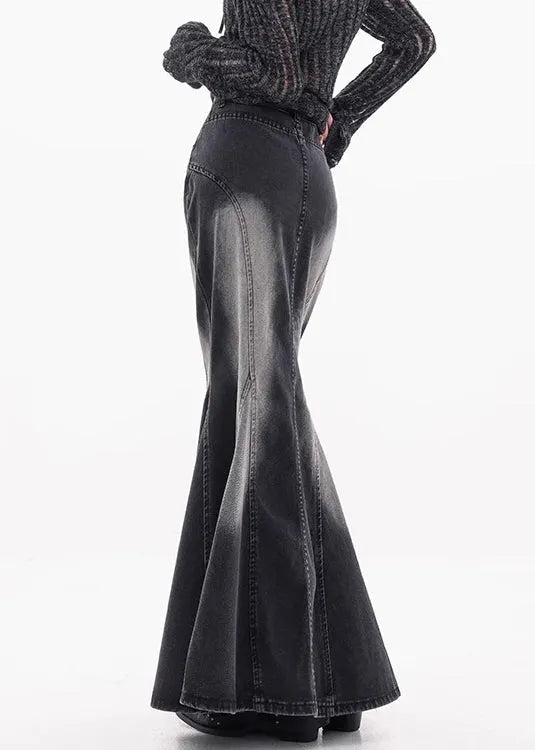 Black Pockets High Waist Denim Maxi Skirts Fall