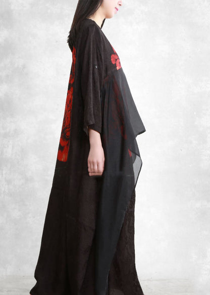 Black O-neck Asymmetrical Print Long Dresses Three Quarter Sleeve
