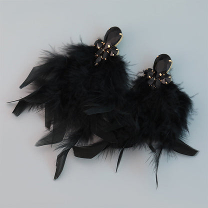 Alloy Inlaid Tassel Long Feather Earrings