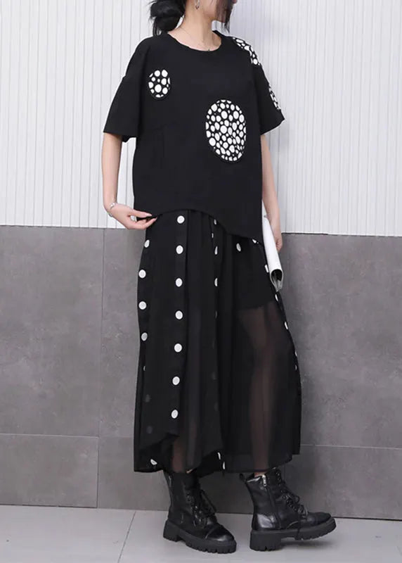 Novelty Black Print T Shirts and Tulle Maxi Skirts Two Pieces Set Summer