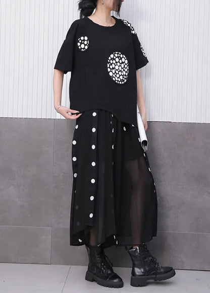 Novelty Black Print T Shirts and Tulle Maxi Skirts Two Pieces Set Summer