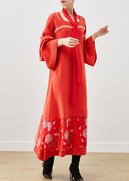 Brick Red Square Collar Patchwork Knitwear Dress Spring