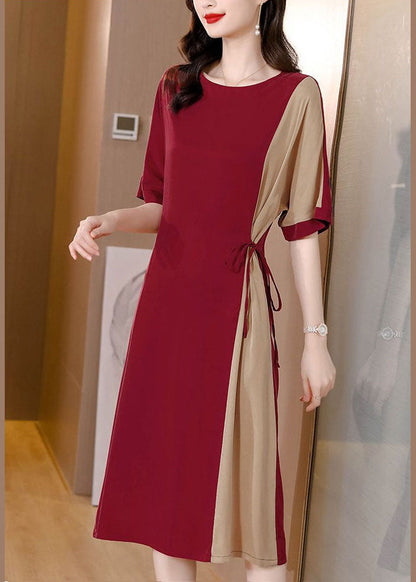 Handmade Red O-neck Patchwork Chiffon Cinch Dresses Short Sleeve
