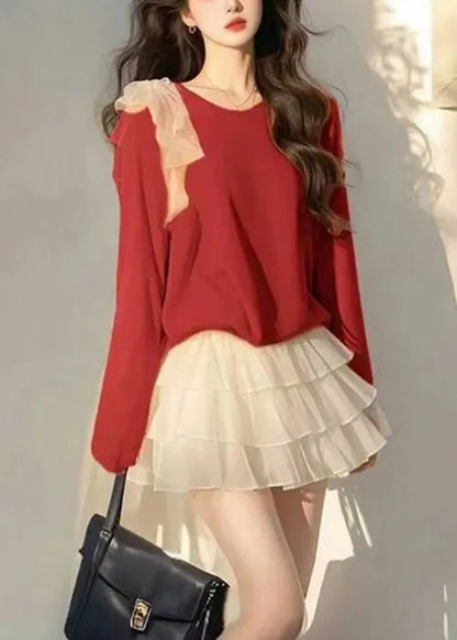 New Orange Bow Tops and White Tulle Skirts Cotton Two Piece Set Fall