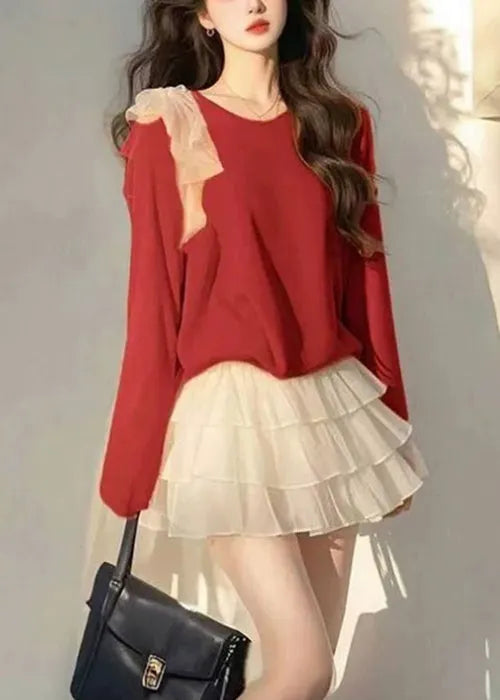 New Orange Bow Tops and White Tulle Skirts Cotton Two Piece Set Fall