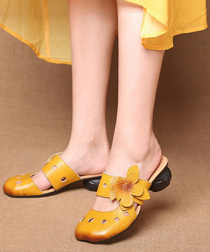 Yellow Splicing Cowhide Leather Chunky Slide Sandals