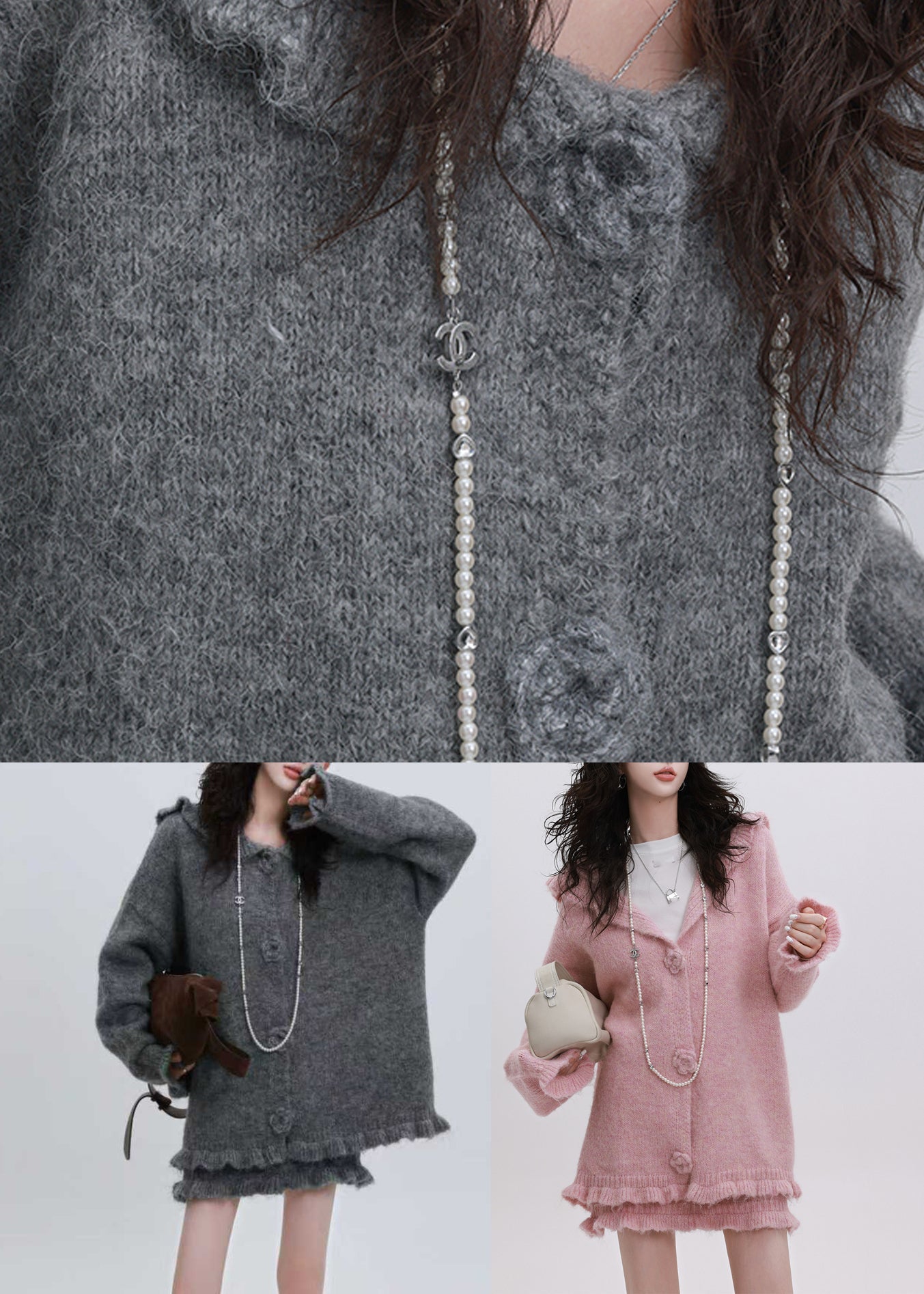 Grey Cotton Knit Hooded Cardigan and Skirts Two Pieces Set Puff Sleeve