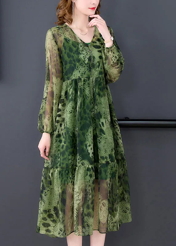 Green V Neck Ruffles Print Chiffon Long Dress Two Piece Set Long Sleeve