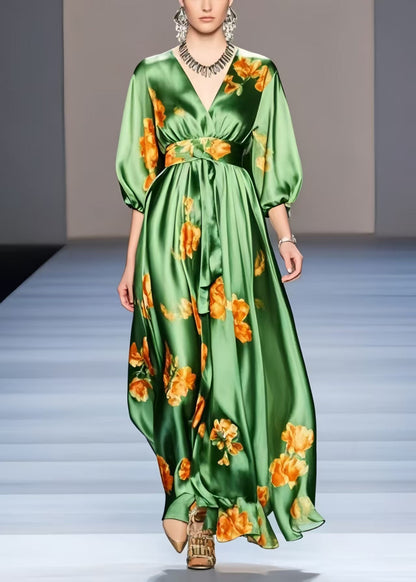 Organic Green Print Exra Large Hem Silk Holiday Dress Half Sleeve Spring