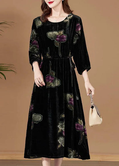 Black O-neck Print Velour Party Dress Bracelet Sleeve
