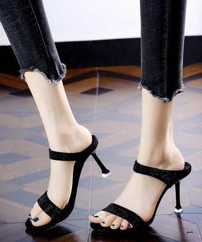 Peep Toe Stiletto Black Zircon High Heel Slippers