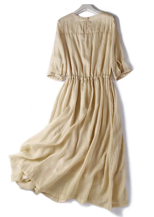 Light Khaki O Neck Lace Up Cotton Dress Summer