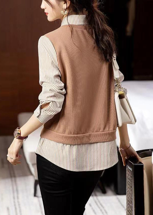 Striped Patchwork False Two Pieces Cotton Top Long Sleeve