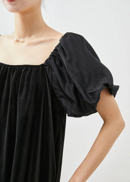 Black Square Collar Patchwork Silk Velour Maxi Dresses Summer