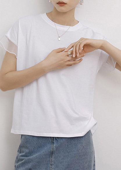White O-neck Ruffled Cotton T Shirt Short Sleeve