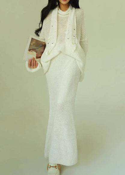White Sequins Sweaters and Skirts Knit Two-piece Set V Neck