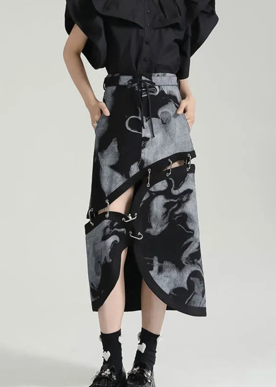 Grey Asymmetrical Print Pockets Patchwork Cotton Skirt Fall