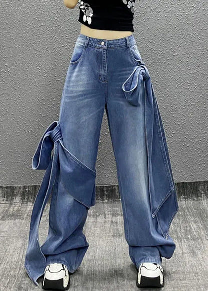 Blue Bow Pockets High Waist Denim Pants Summer