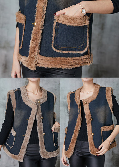 Grey Pockets Patchwork Warm Fleece Denim Vests Spring