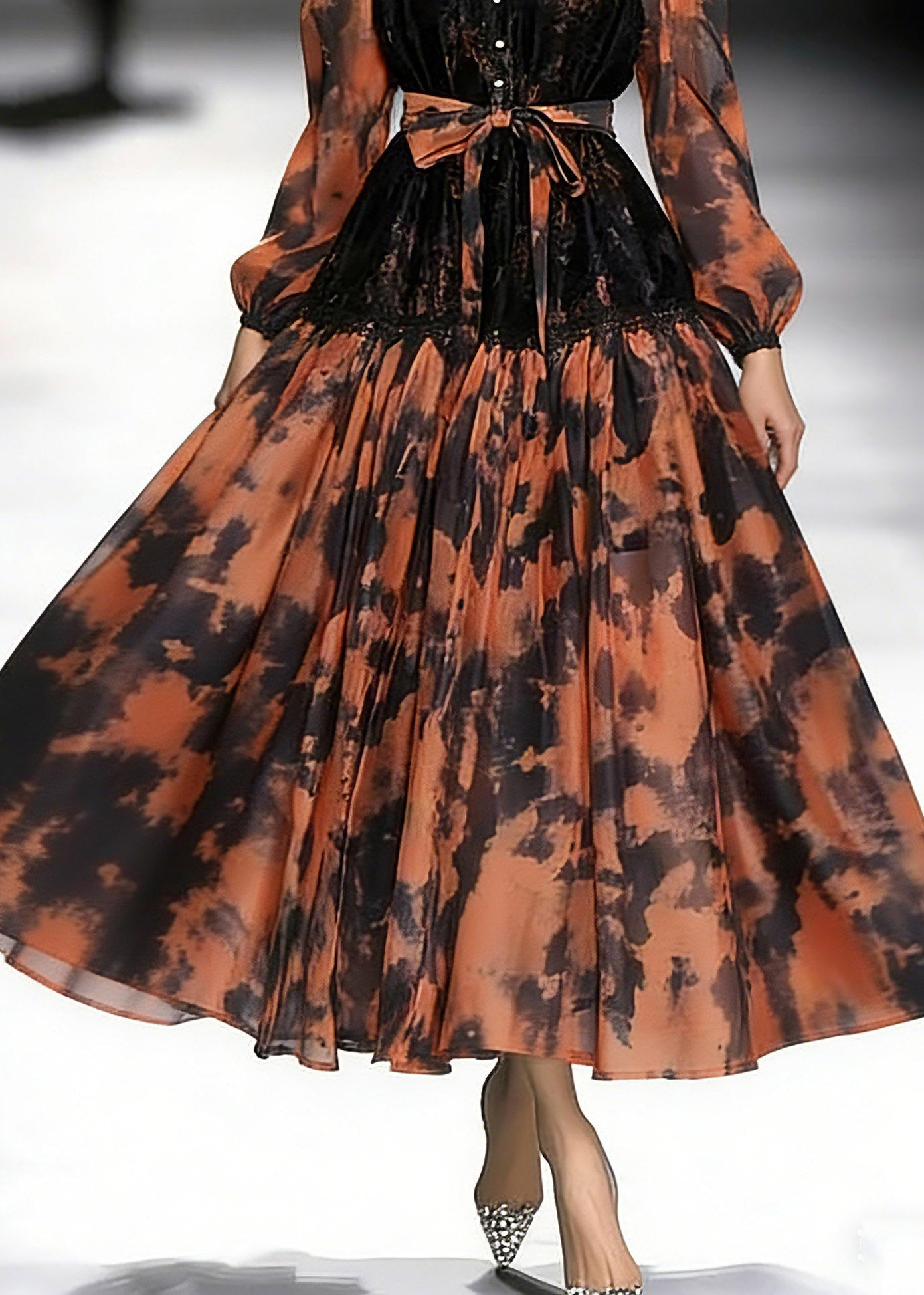 Orange Print Tie Waist Chiffon Long Dress Lantern Sleeve