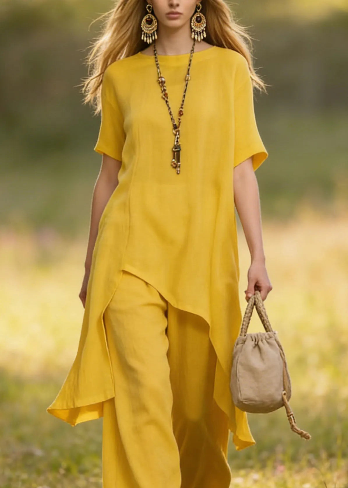 Yellow Asymmetrical Cotton Sets 2 Pieces Summer