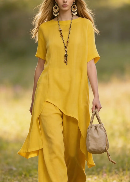 Yellow Asymmetrical Cotton Sets 2 Pieces Summer
