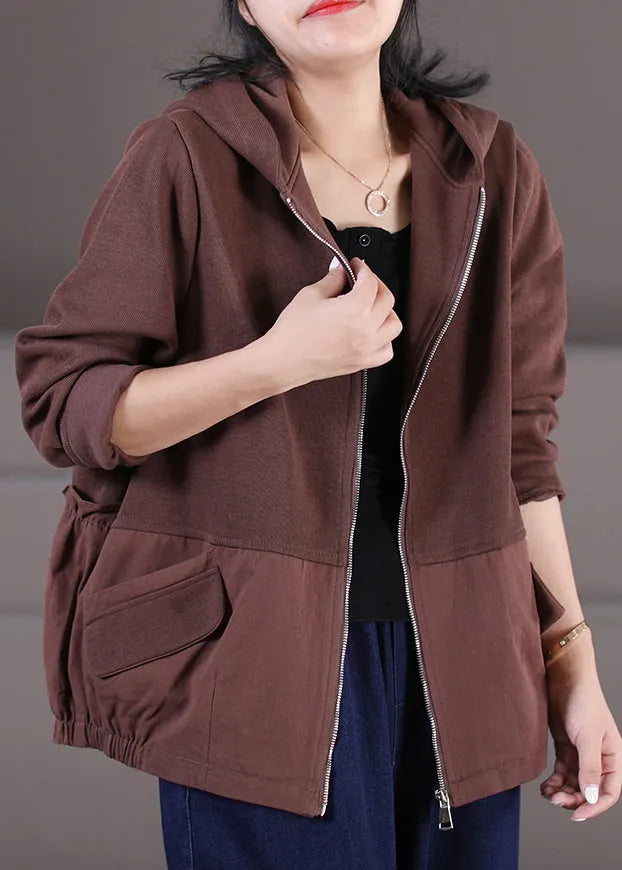 Chocolate Zippered Patchwork Low High Design Hooded Coats Long Sleeve