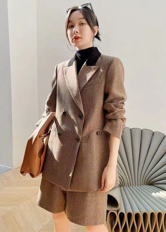 French Grey High Waist Coat and Shorts Thick Two Pieces Set Long Sleeve