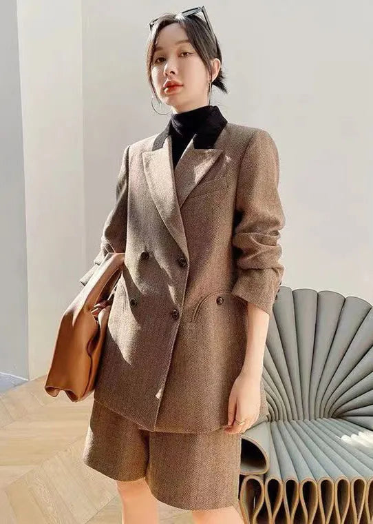 French Grey High Waist Coat and Shorts Thick Two Pieces Set Long Sleeve